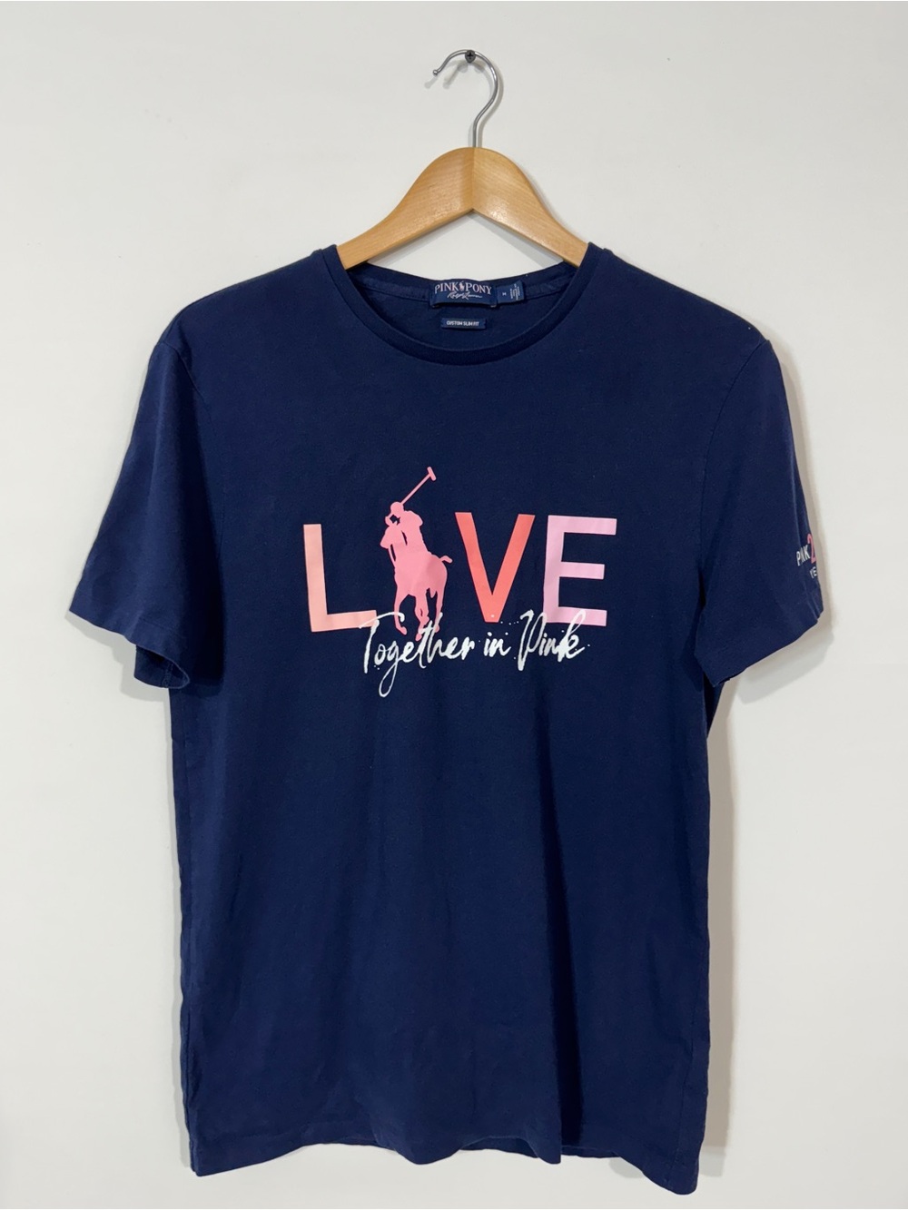 WSH65 {Ralph Lauren} Navy Blue Pink Breast Cancer Pony Short Sleeves T-Shirt Tee